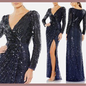 NWT $598 Mac Duggal [ 16 ] Sequined Faux Wrap Long Sleeve‎ Dress Gown Blue